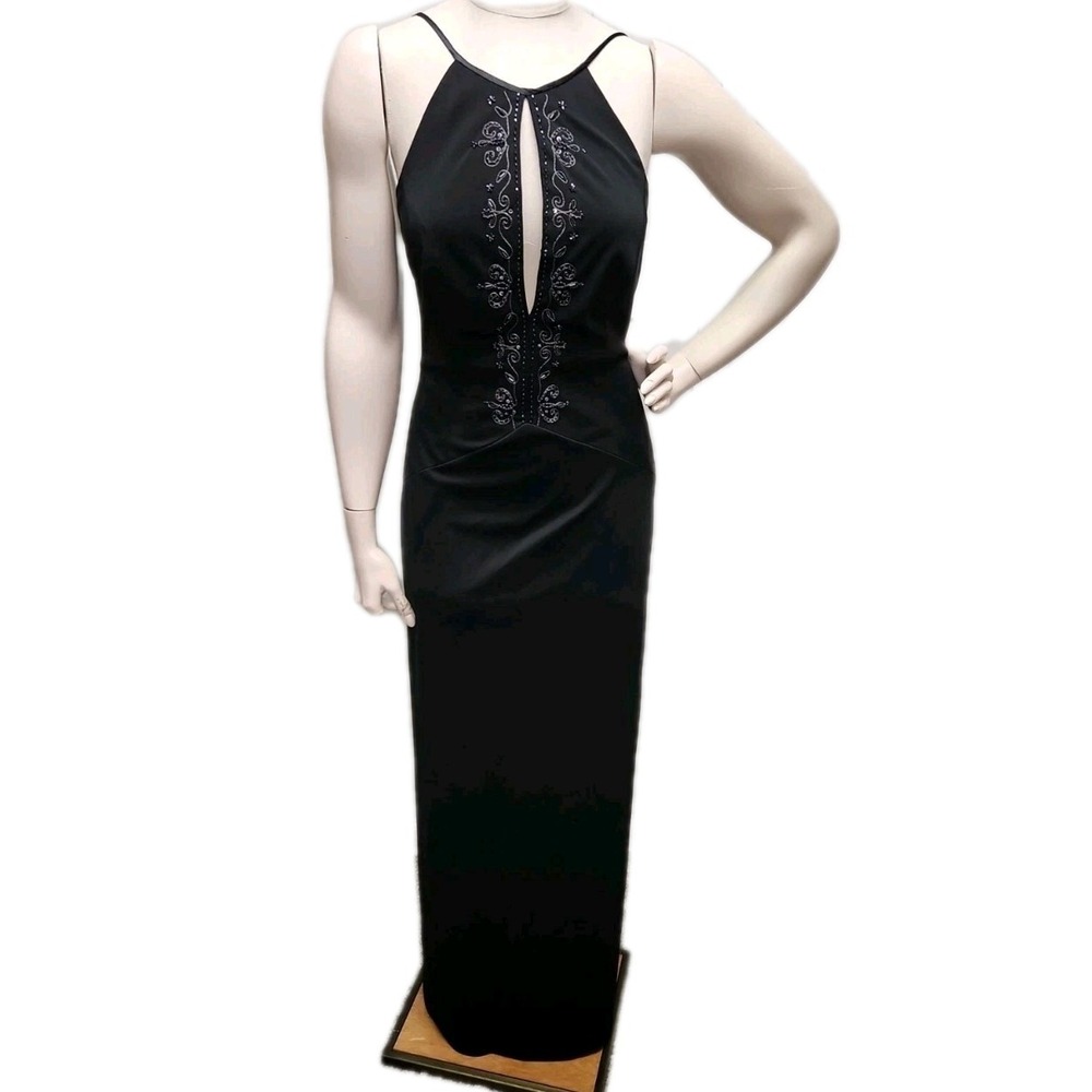 Vintage Dave & Johnny by Laura Ryner Black‎ Velour Beaded Halter Maxi Dress 9/10